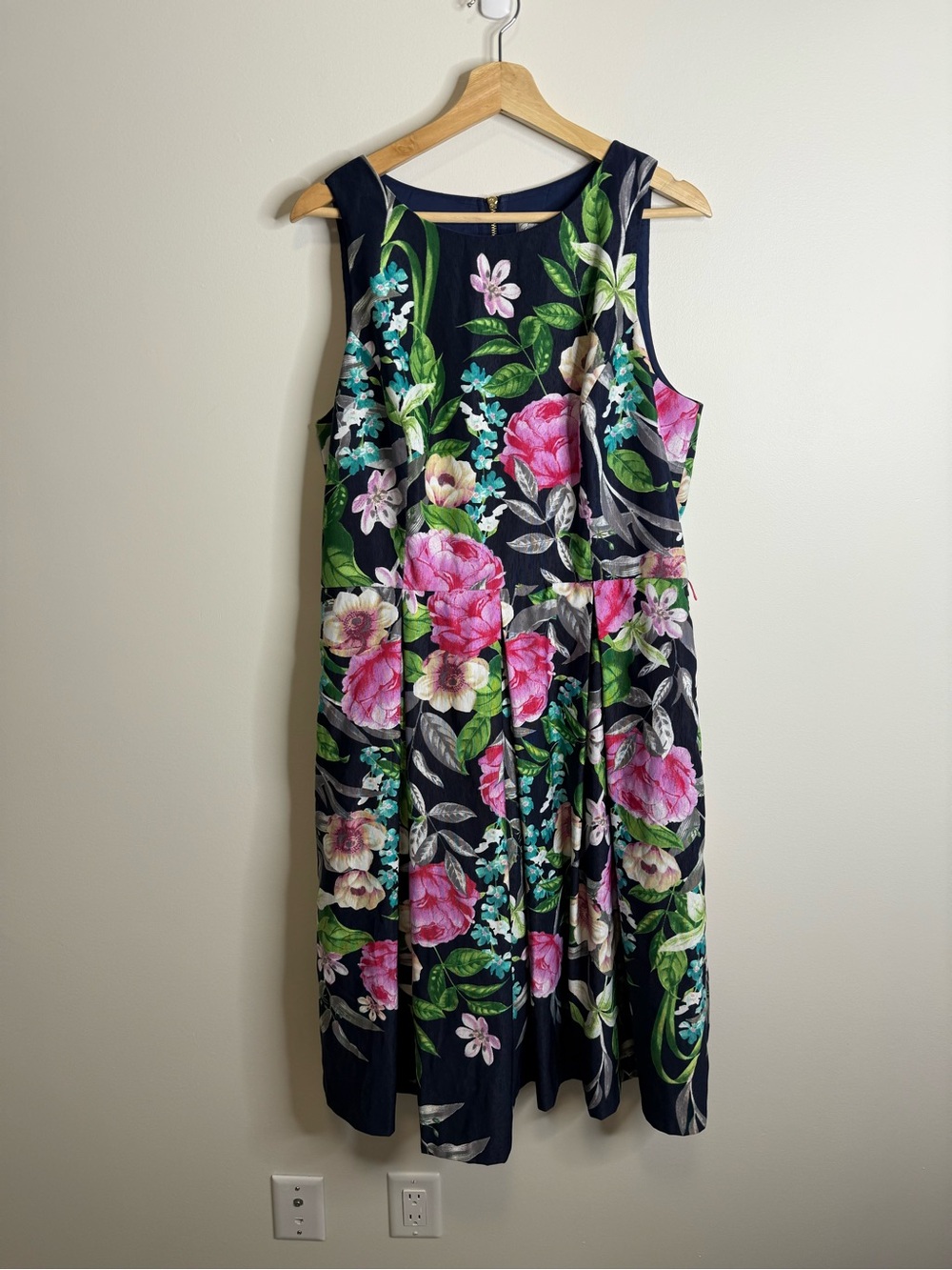 Eliza J Navy Floral Midi Dress with Pink & Green Blooms